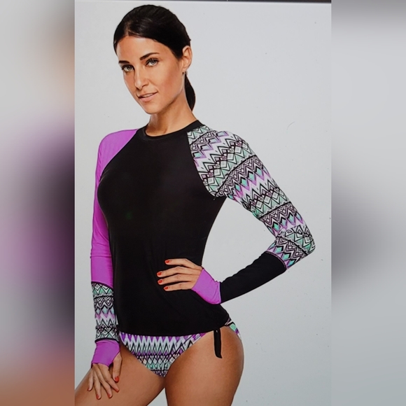 NWOT Pull Over Rash Guard Thumb Holes Side Tie Bikini Bottom swim suit Set - Picture 3 of 16